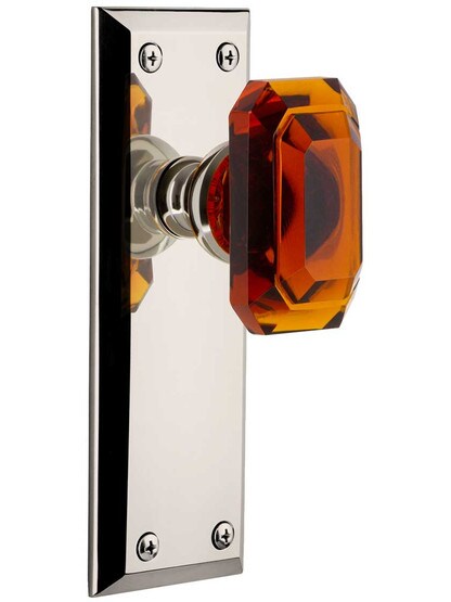 Grandeur Fifth-Avenue Door Set with Amber Crystal-Glass Baguette Knobs in Polished Nickel.